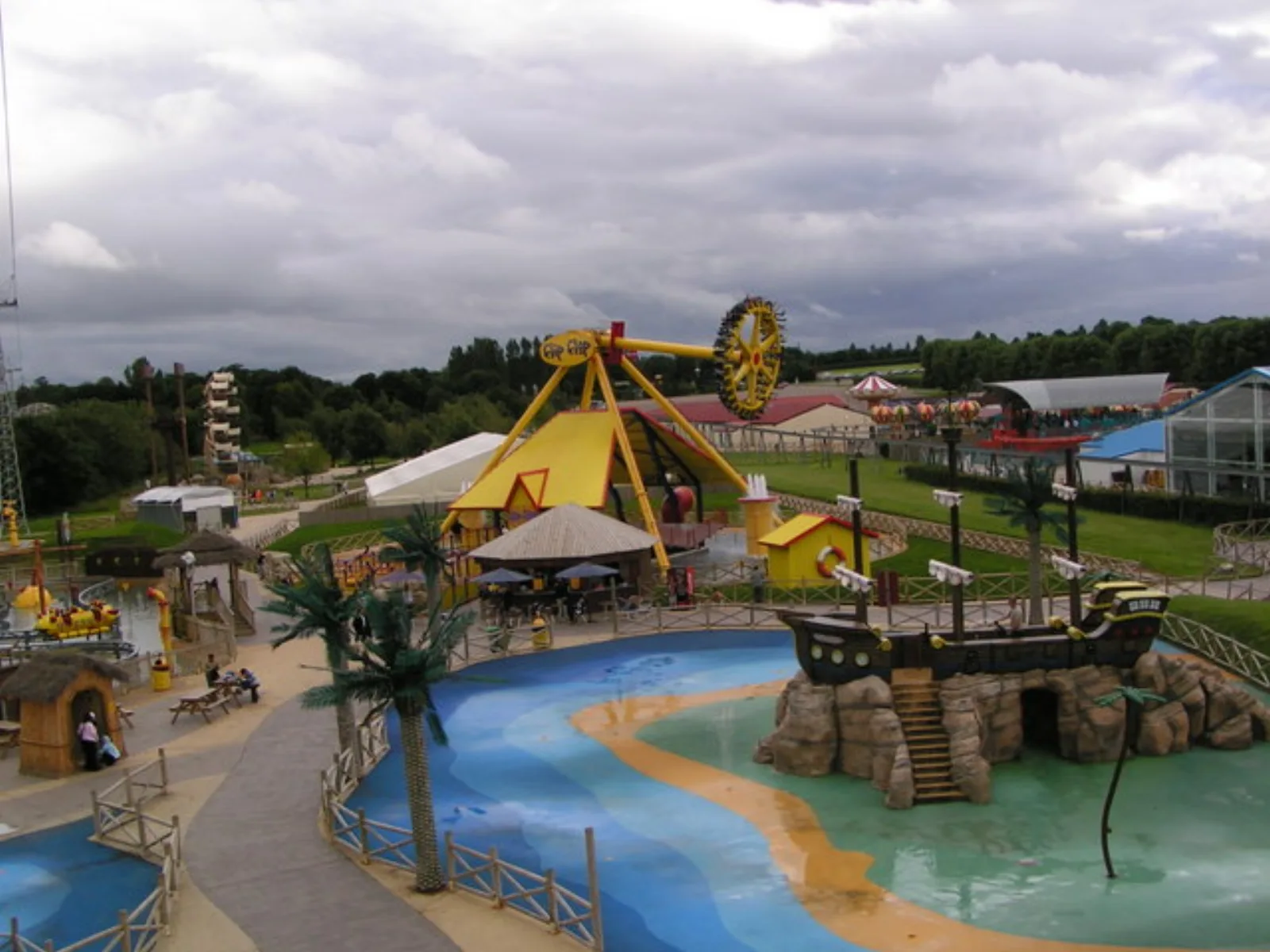 View across the rides and attractions at Flamingo Land in summer